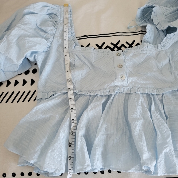 NWOT Free People Women's Ruffle Trim Puffy Sleeves Light Blue Crop Blouse Sz XS - Picture 10 of 13